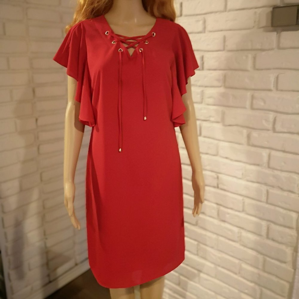 Cleo Ladies Size 2 Red Straight Fit Fully Lined Short Flutter Sleeve Midi Dress